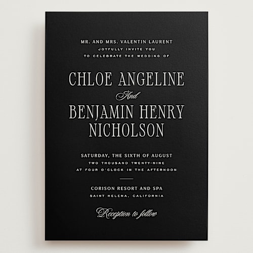 This is a midnight wedding invitations with standard by Kelly Schmidt called woods printing on signature in grand