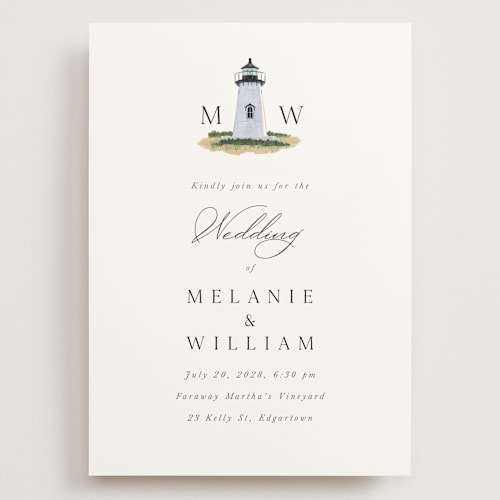 This is a snow wedding invitations with standard by Becky Nimoy called east coast lighthouse printing on signature in grand