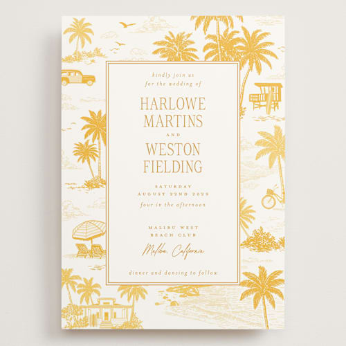 This is a sun wedding invitations with standard by Jenna Holcomb called beachtoile printing on signature in grand