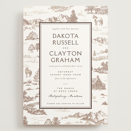 This is a leather wedding invitations with standard by Jenna Holcomb called mountain ranch toile printing on signature in grand