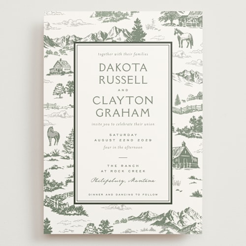 This is a evergreen wedding invitations with standard by Jenna Holcomb called mountain ranch toile printing on signature in grand
