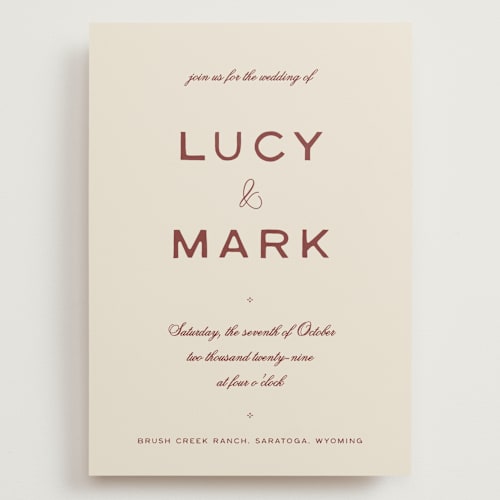 This is a rust wedding invitations with standard by Ani Somi called rose ink printing on signature in grand