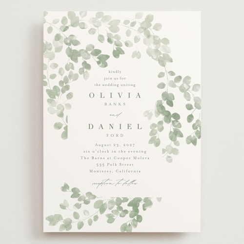 This is a eucalyptus wedding invitations with standard by Kristie Kern called vining printing on signature in grand
