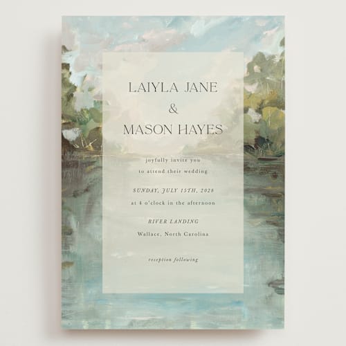 This is a lake wedding invitations with standard by Lindsay Megahed called reflections printing on signature in grand