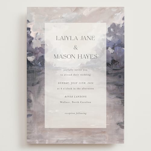 This is a lilac wedding invitations with standard by Lindsay Megahed called reflections printing on signature in grand