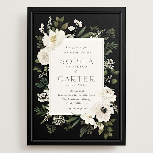 This is a black tie wedding invitations with standard by Susan Moyal called botanical love printing on signature in grand