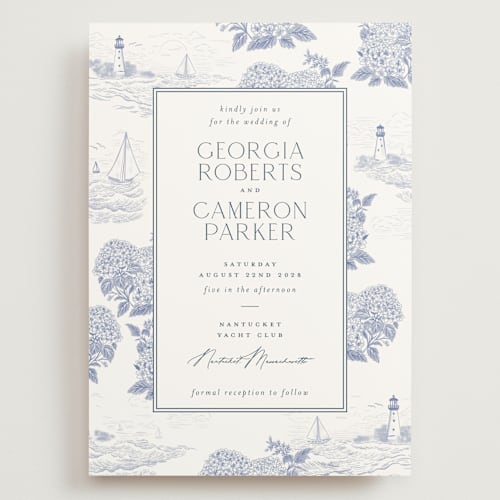 This is a periwinkle wedding invitations with standard by Jenna Holcomb called coastal toile printing on signature in grand