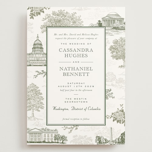This is a olive wedding invitations with standard by Jenna Holcomb called washington dc toile printing on signature in grand