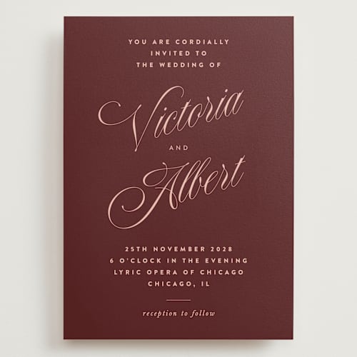 This is a burgundy wedding invitations with standard by Nazia Hyder called museum printing on signature in grand