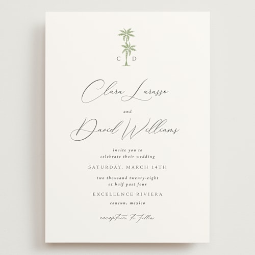 This is a leaf wedding invitations with standard by Olivia Raufman called palm monogram printing on signature in grand