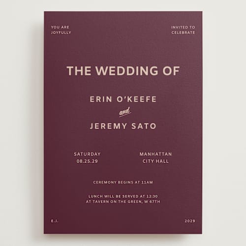 This is a plum wedding invitations with standard by Studio Suku called courthouse printing on signature in grand