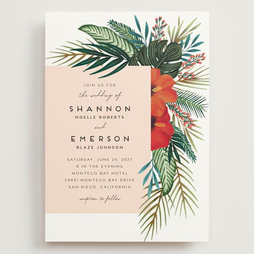 This is a coral wedding invitations with standard by Joanna Griffin called tropical oasis printing on signature in grand