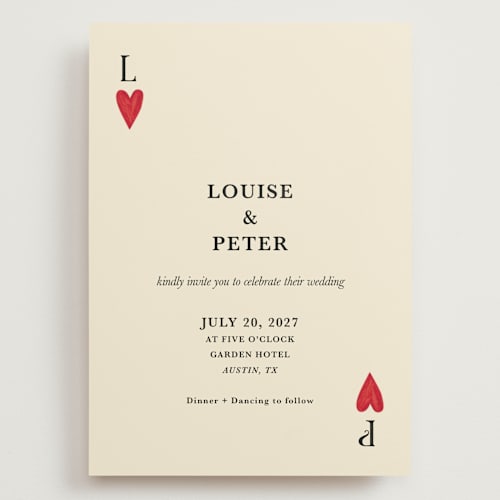 This is a champagne wedding invitations with standard by Helena Vitto called red hearts printing on signature in grand