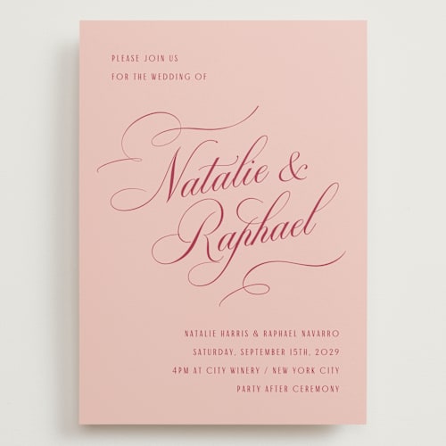 This is a berry wedding invitations with standard by Hooray Creative called scripted names printing on signature in grand