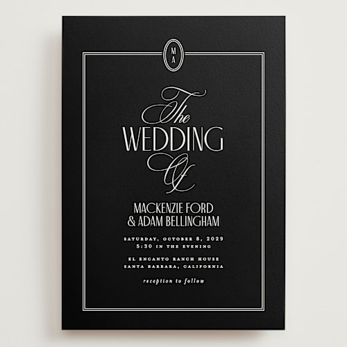 This is a noir wedding invitations with standard by Owl and Toad called sophisticate printing on signature in grand