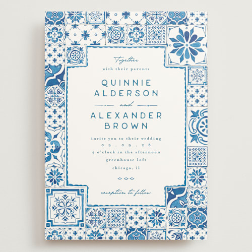 This is a navy wedding invitations with standard by Anastasia Makarova called watercolor tile printing on signature in grand