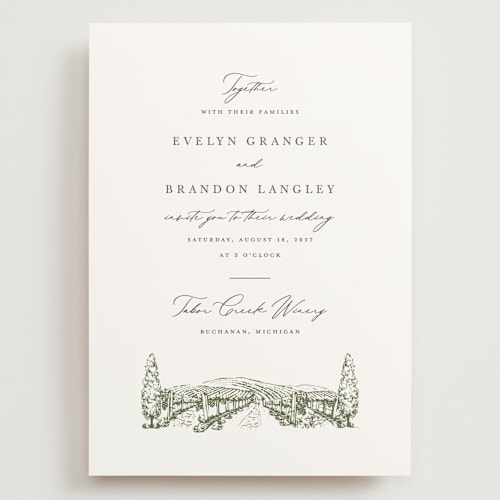 This is a olive wedding invitations with standard by Sarah Brown called vineyard printing on signature in grand