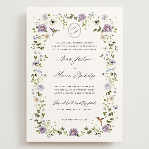 This is a wisteria wedding invitations with standard by Sarah Knight called ornate printing on signature in grand