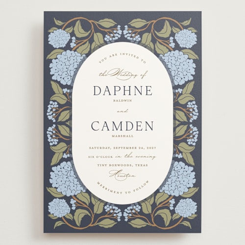 This is a navy wedding invitations with standard by Susan Zinader called hydrangea garden printing on signature in grand