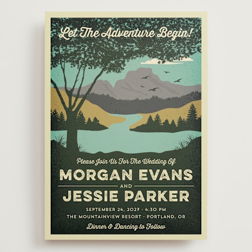 This is a forest wedding invitations with standard by Nam Bourassa called mountain view printing on signature in grand