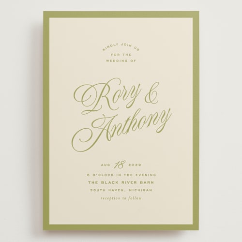 This is a olive wedding invitations with standard by Ellen Schlegelmilch called rory printing on signature in grand