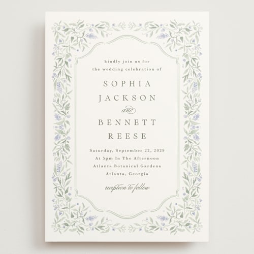 This is a periwinkle wedding invitations with standard by Kristen Smith called delicate vines printing on signature in grand