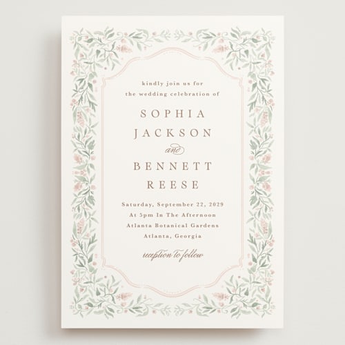 This is a blush wedding invitations with standard by Kristen Smith called delicate vines printing on signature in grand
