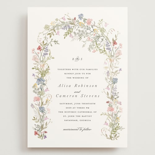 This is a sage wedding invitations with standard by Lori Wemple called flowering arch printing on signature in grand