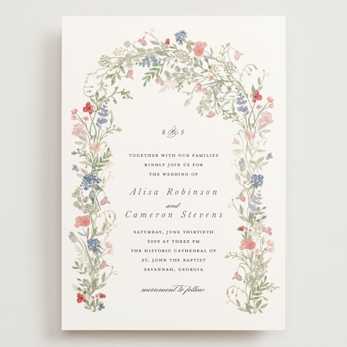 This is a coral wedding invitations with standard by Lori Wemple called flowering arch printing on signature in grand