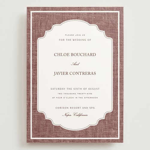 This is a chocolate wedding invitations with standard by Kelly Schmidt called summer linen printing on signature in grand