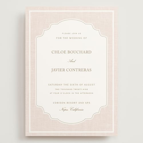 This is a blush wedding invitations with standard by Kelly Schmidt called summer linen printing on signature in grand