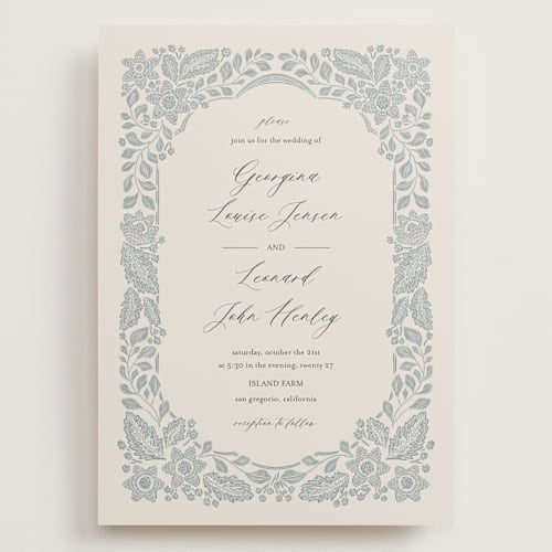 This is a dusty blue wedding invitations with standard by Jen Owens called embroidered printing on signature in grand