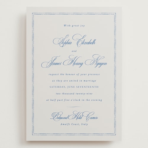 This is a blue mist wedding invitations with standard by Design Lotus called amalfi blue printing on signature in grand
