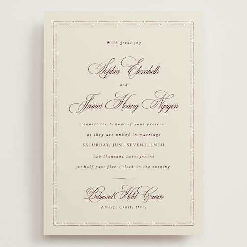 This is a maroon wedding invitations with standard by Design Lotus called amalfi blue printing on signature in grand