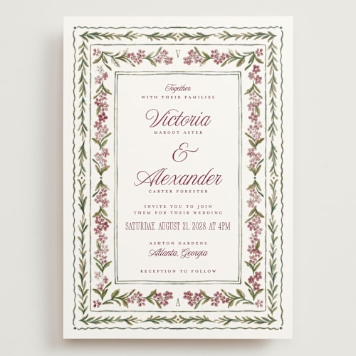 This is a mulberry wedding invitations with standard by Jenna Holcomb called vintage sketched printing on signature in grand