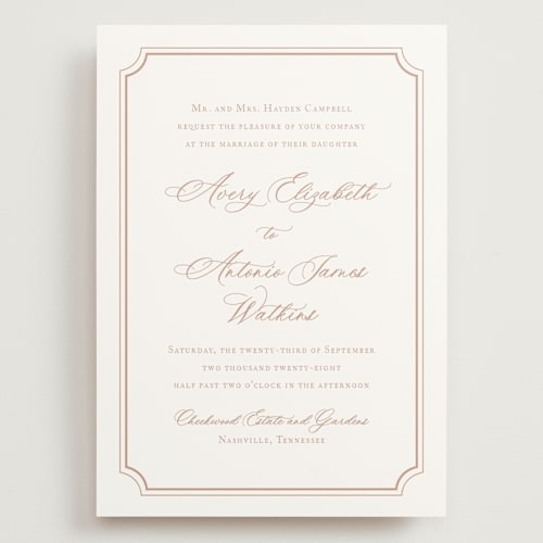 This is a dusty pink wedding invitations with standard by Jennifer Postorino called avery printing on signature in grand