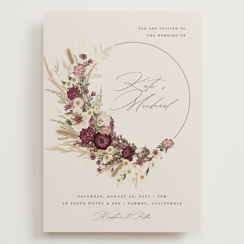 This is a cabernet wedding invitations with standard by Erin Deegan called dried floral wreath printing on signature in grand