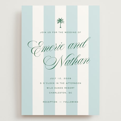 This is a low tide wedding invitations with standard by Susan Zinader called island palm printing on signature in grand