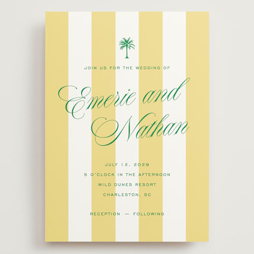 This is a limoncello wedding invitations with standard by Susan Zinader called island palm printing on signature in grand