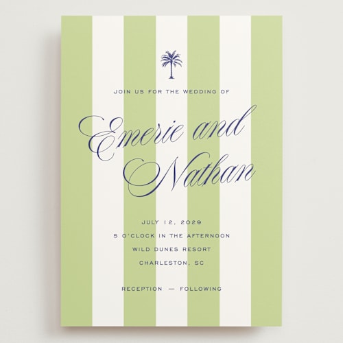 This is a key lime wedding invitations with standard by Susan Zinader called island palm printing on signature in grand