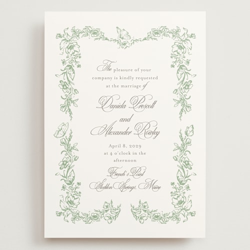 This is a mint wedding invitations with standard by Melinda Denison called romantic garden printing on signature in grand