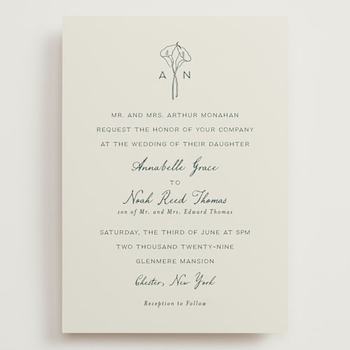 This is a sage wedding invitations with standard by Leah Bisch called pair of calla lilies printing on signature in grand
