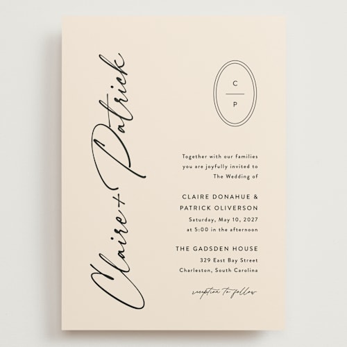 This is a sand wedding invitations with standard by Carolyn MacLaren called script and monogram printing on signature in grand