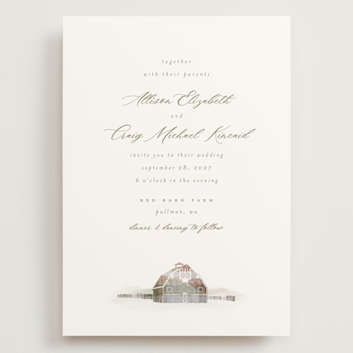 This is a fawn wedding invitations with standard by AK Graphics called rustic barn printing on signature in grand