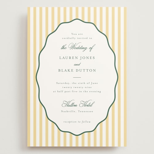 This is a citrine wedding invitations with standard by Emily Betts called curved frame printing on signature in grand