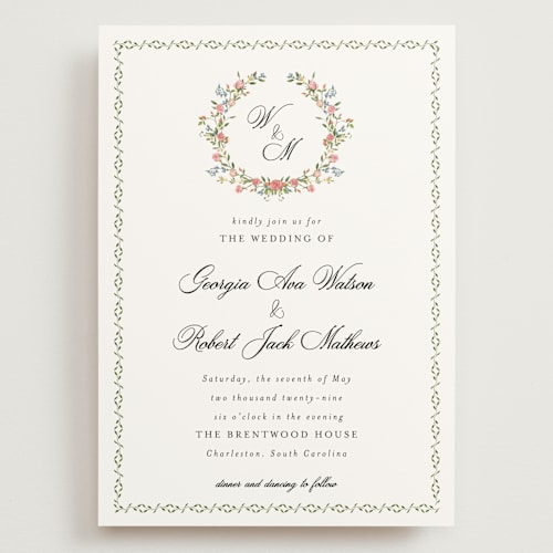 This is a blush wedding invitations with standard by Susan Moyal called monogramed printing on signature in grand