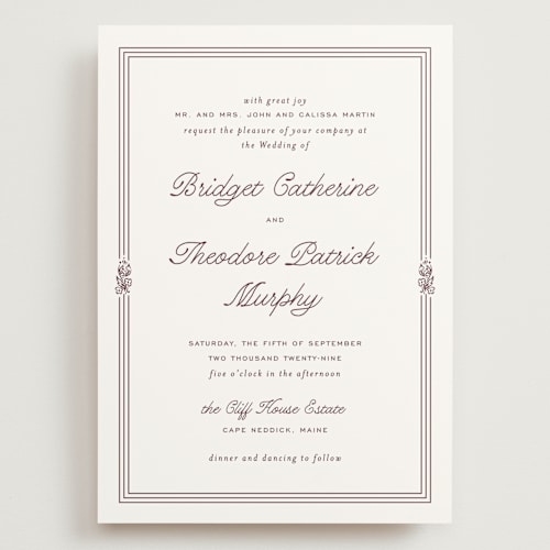 This is a wine wedding invitations with standard by Kate Ahn called court printing on signature in grand