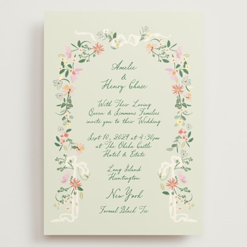 This is a spring wedding invitations with standard by Phrosné Barwood called spring draped garland printing on signature in grand