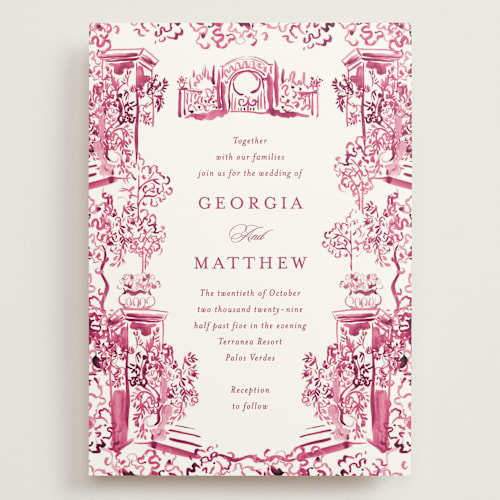 This is a fuchsia wedding invitations with standard by Becky Nimoy called gates and pillars printing on signature in grand