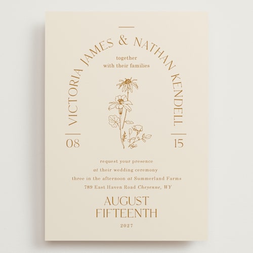 This is a cream wedding invitations with standard by Baumbirdy called floral type arch printing on signature in grand